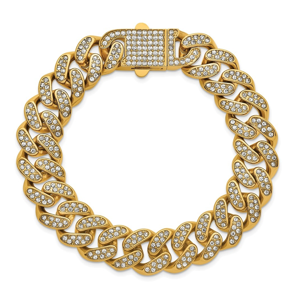 Stainless Steel Polished Yellow IP 15mm Full Crystal Curb Link Bracelet – Elegant Jewelry Gift for Birthday, Anniversary, Engagement, Wedding
