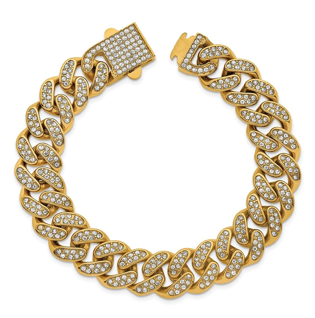 Stainless Steel Polished Yellow IP 15mm Full Crystal Curb Link Bracelet – Elegant Jewelry Gift for Birthday, Anniversary, Engagement, Wedding