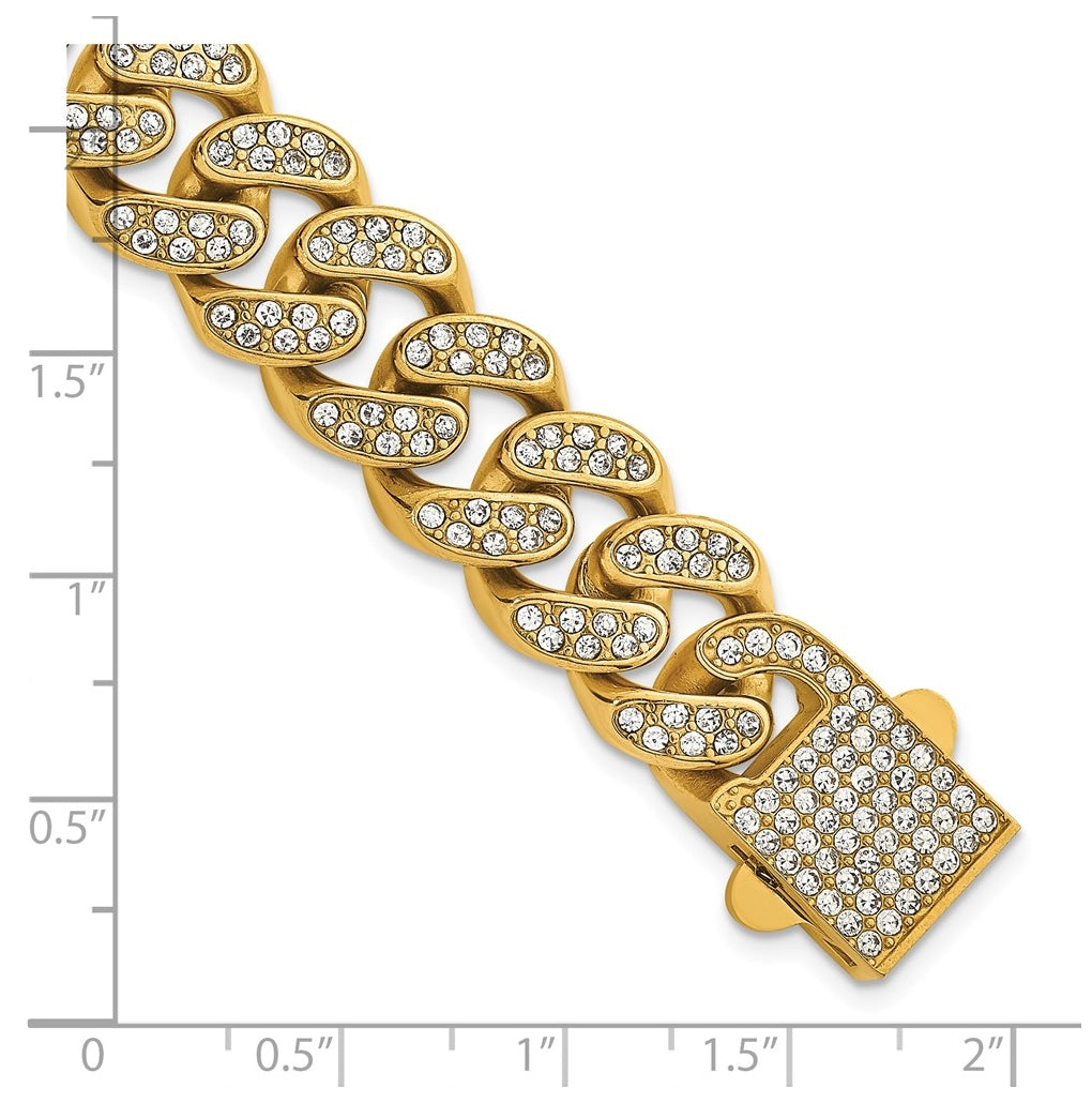 Stainless Steel Polished Yellow IP 15mm Full Crystal Curb Link Bracelet – Elegant Jewelry Gift for Birthday, Anniversary, Engagement, Wedding
