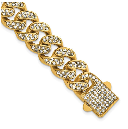 Stainless Steel Polished Yellow IP 15mm Full Crystal Curb Link Bracelet – Elegant Jewelry Gift for Birthday, Anniversary, Engagement, Wedding