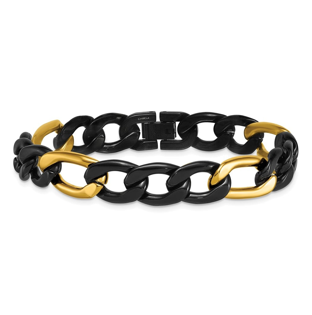 Stainless Steel Polished Black and Yellow IP 11mm Figaro 8.5in Bracelet – Elegant Jewelry Gift for Birthday, Anniversary, Engagement, Wedding