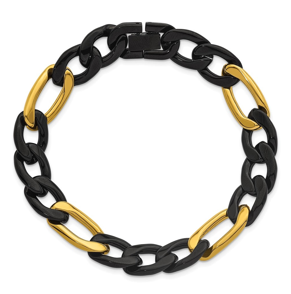 Stainless Steel Polished Black and Yellow IP 11mm Figaro 8.5in Bracelet – Elegant Jewelry Gift for Birthday, Anniversary, Engagement, Wedding