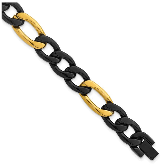 Stainless Steel Polished Black and Yellow IP 11mm Figaro 8.5in Bracelet – Elegant Jewelry Gift for Birthday, Anniversary, Engagement, Wedding