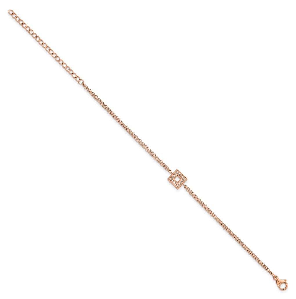 Stainless Steel Polished Rose IP Cubic Zirconia Square 6in with 2in ext. 2-Strand Bracelet – Elegant Jewelry Gift for Birthday, Anniversary, Engagement, Wedding