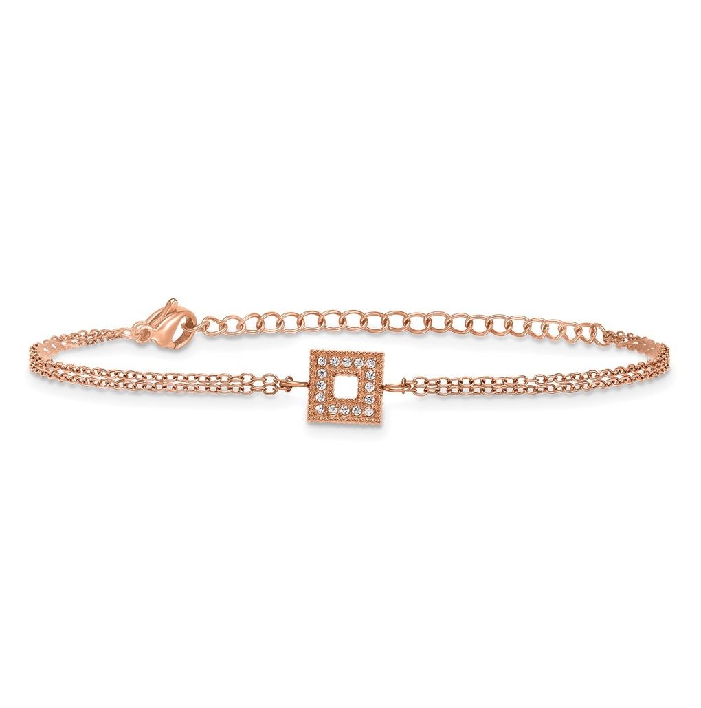 Stainless Steel Polished Rose IP Cubic Zirconia Square 6in with 2in ext. 2-Strand Bracelet – Elegant Jewelry Gift for Birthday, Anniversary, Engagement, Wedding