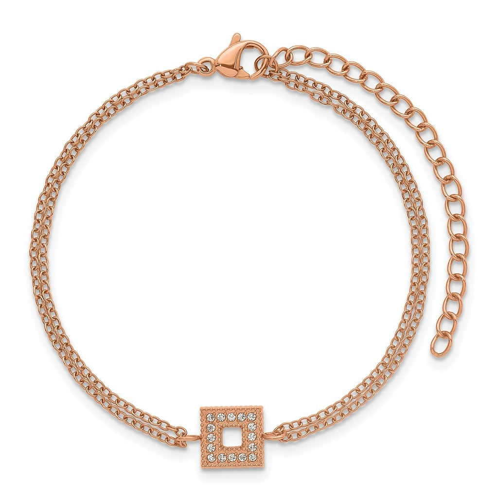 Stainless Steel Polished Rose IP Cubic Zirconia Square 6in with 2in ext. 2-Strand Bracelet – Elegant Jewelry Gift for Birthday, Anniversary, Engagement, Wedding