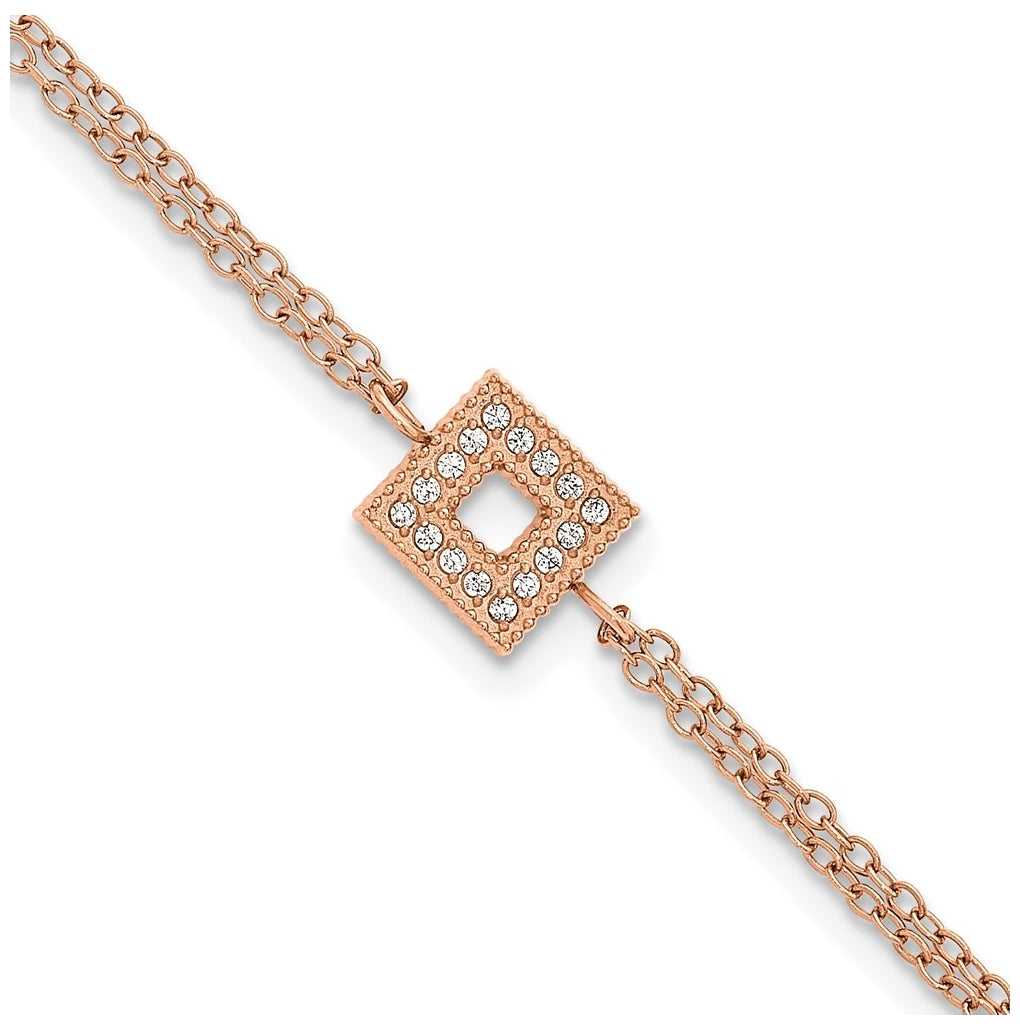 Stainless Steel Polished Rose IP Cubic Zirconia Square 6in with 2in ext. 2-Strand Bracelet – Elegant Jewelry Gift for Birthday, Anniversary, Engagement, Wedding