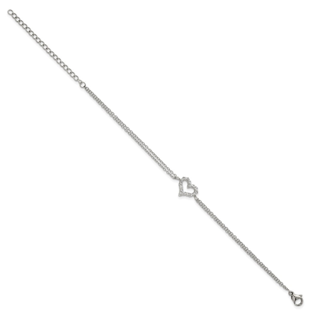 Stainless Steel Polished Cubic Zirconia Heart 6in with 2in ext. 2-Strand Bracelet – Elegant Jewelry Gift for Birthday, Anniversary, Engagement, Wedding