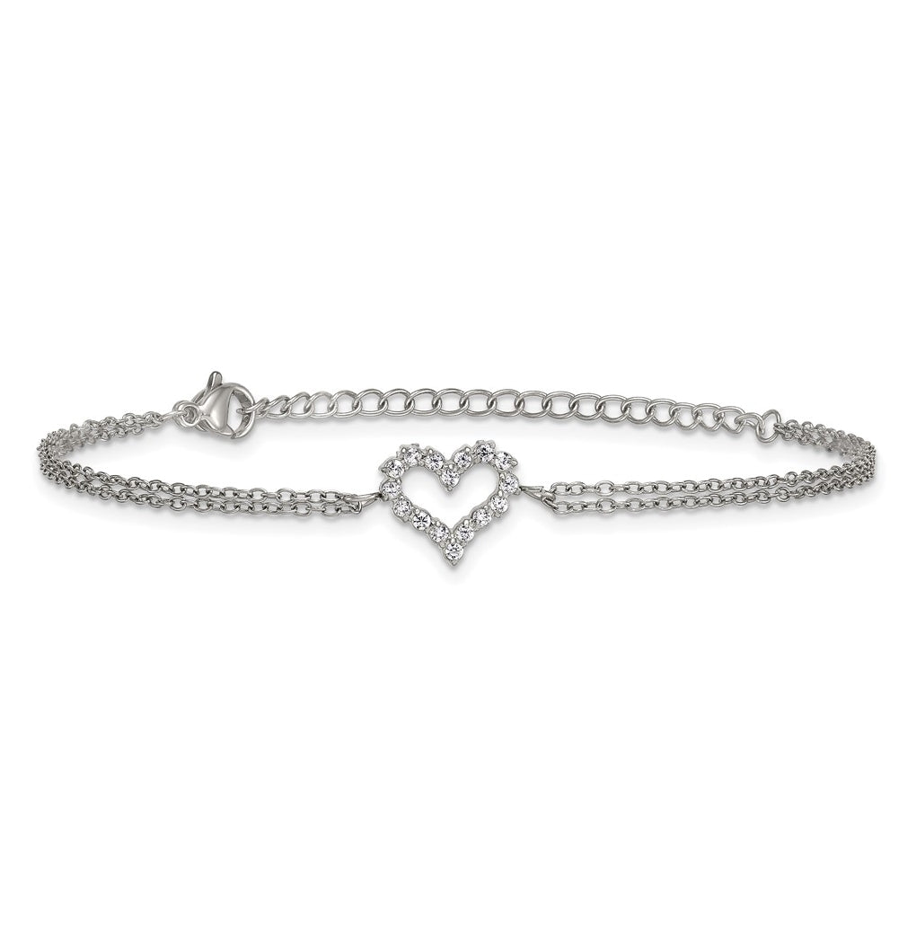 Stainless Steel Polished Cubic Zirconia Heart 6in with 2in ext. 2-Strand Bracelet – Elegant Jewelry Gift for Birthday, Anniversary, Engagement, Wedding