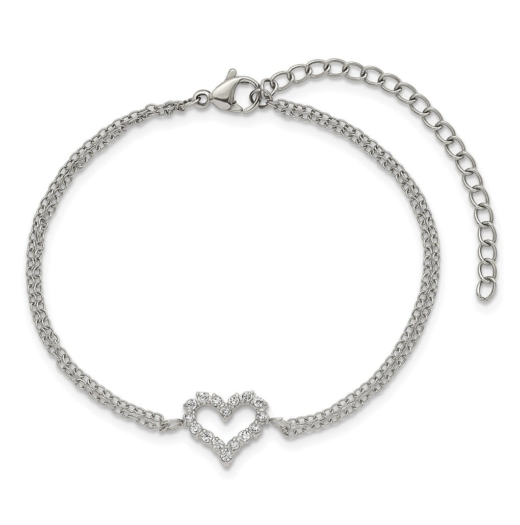 Stainless Steel Polished Cubic Zirconia Heart 6in with 2in ext. 2-Strand Bracelet – Elegant Jewelry Gift for Birthday, Anniversary, Engagement, Wedding