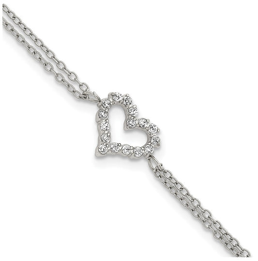 Stainless Steel Polished Cubic Zirconia Heart 6in with 2in ext. 2-Strand Bracelet – Elegant Jewelry Gift for Birthday, Anniversary, Engagement, Wedding