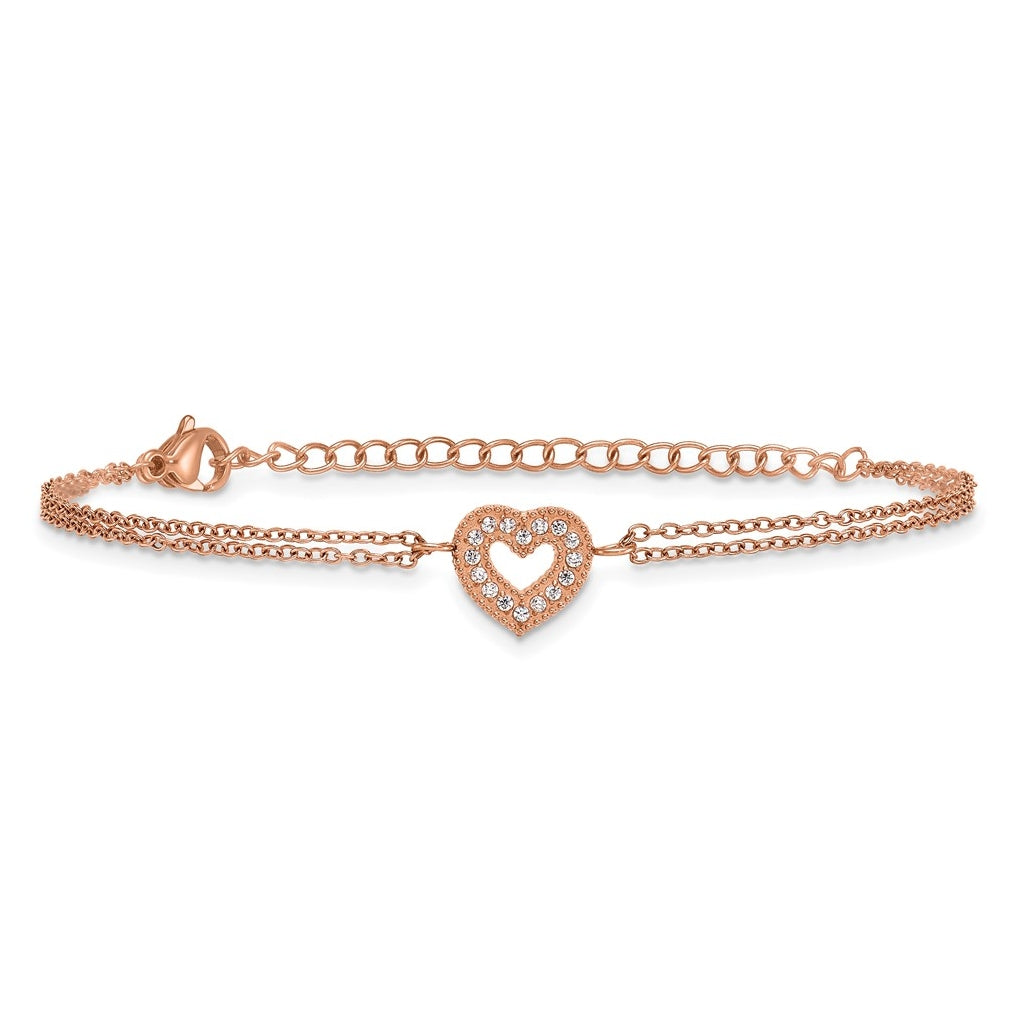 Stainless Steel Polished Rose IP Cubic Zirconia Heart 6in with 2in ext. 2-Strand Bracelet – Elegant Jewelry Gift for Birthday, Anniversary, Engagement, Wedding