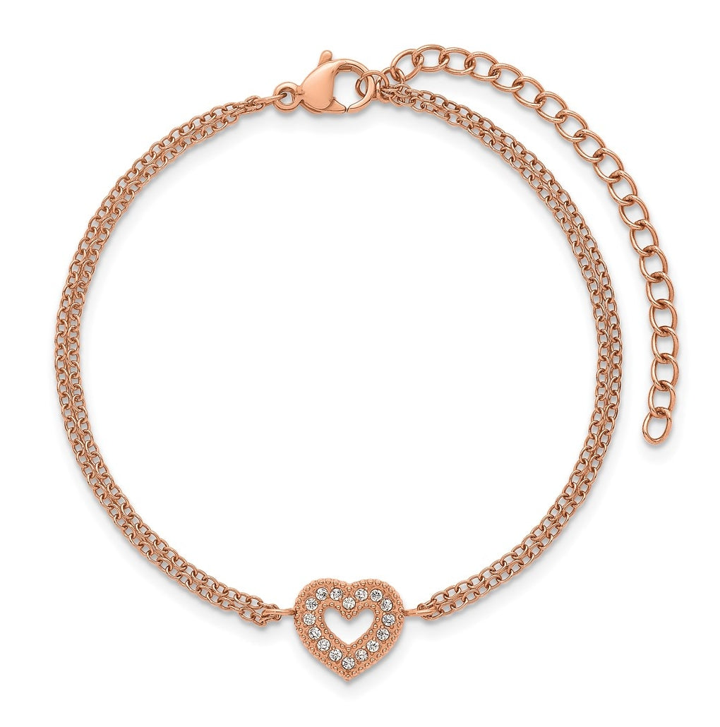 Stainless Steel Polished Rose IP Cubic Zirconia Heart 6in with 2in ext. 2-Strand Bracelet – Elegant Jewelry Gift for Birthday, Anniversary, Engagement, Wedding