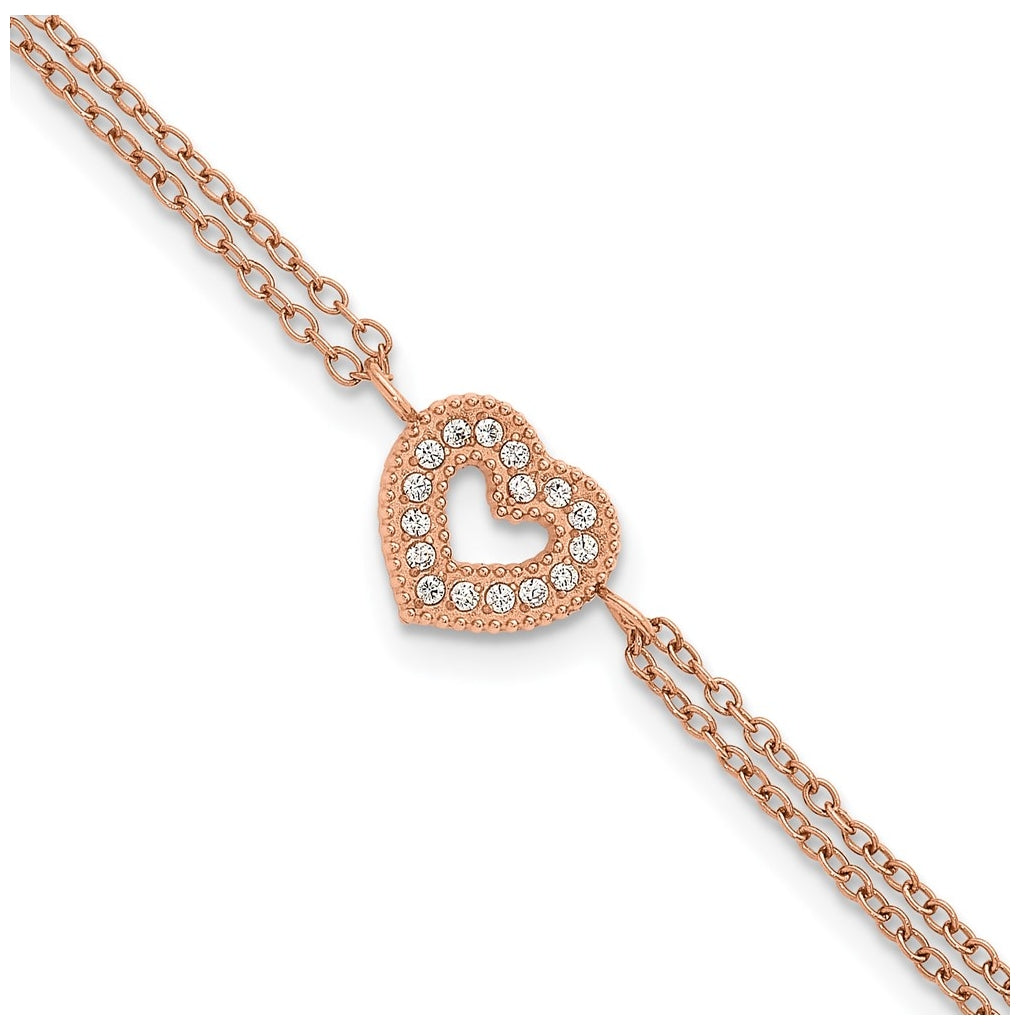 Stainless Steel Polished Rose IP Cubic Zirconia Heart 6in with 2in ext. 2-Strand Bracelet – Elegant Jewelry Gift for Birthday, Anniversary, Engagement, Wedding