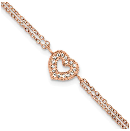 Stainless Steel Polished Rose IP Cubic Zirconia Heart 6in with 2in ext. 2-Strand Bracelet – Elegant Jewelry Gift for Birthday, Anniversary, Engagement, Wedding