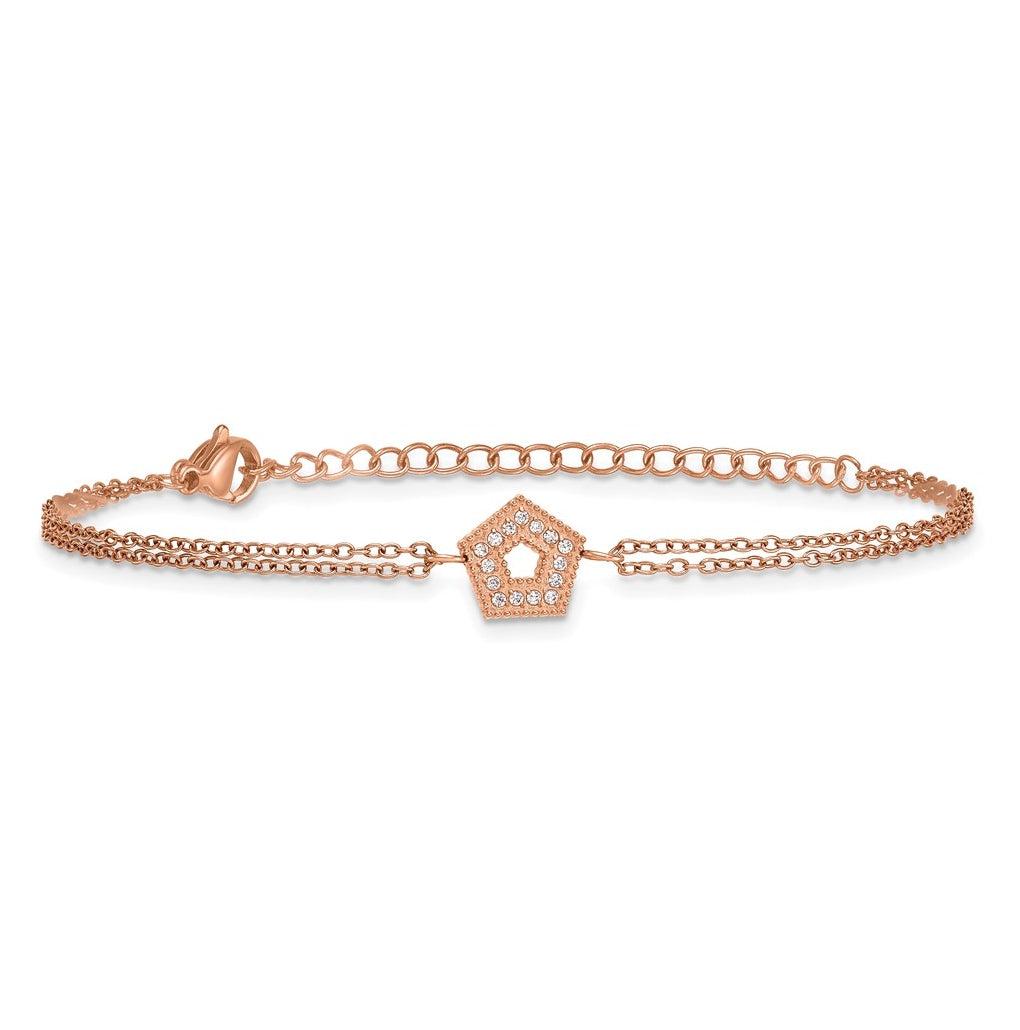 Stainless Steel Polished Rose IP Cubic Zirconia Pentagon 6in with 2in ext 2-Strand Bracelet – Elegant Jewelry Gift for Birthday, Anniversary, Engagement, Wedding