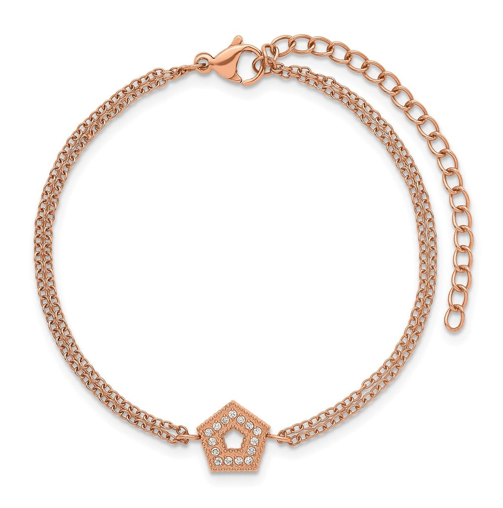 Stainless Steel Polished Rose IP Cubic Zirconia Pentagon 6in with 2in ext 2-Strand Bracelet – Elegant Jewelry Gift for Birthday, Anniversary, Engagement, Wedding