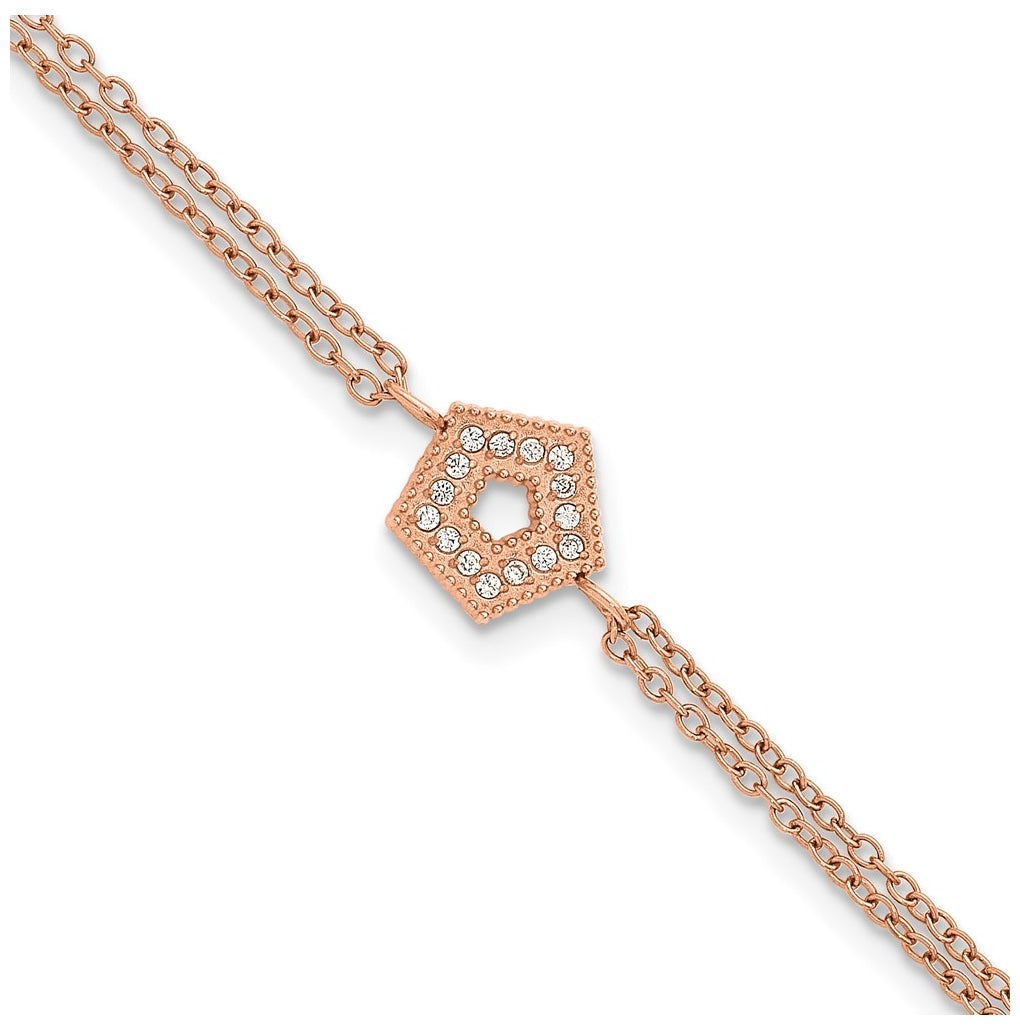 Stainless Steel Polished Rose IP Cubic Zirconia Pentagon 6in with 2in ext 2-Strand Bracelet – Elegant Jewelry Gift for Birthday, Anniversary, Engagement, Wedding