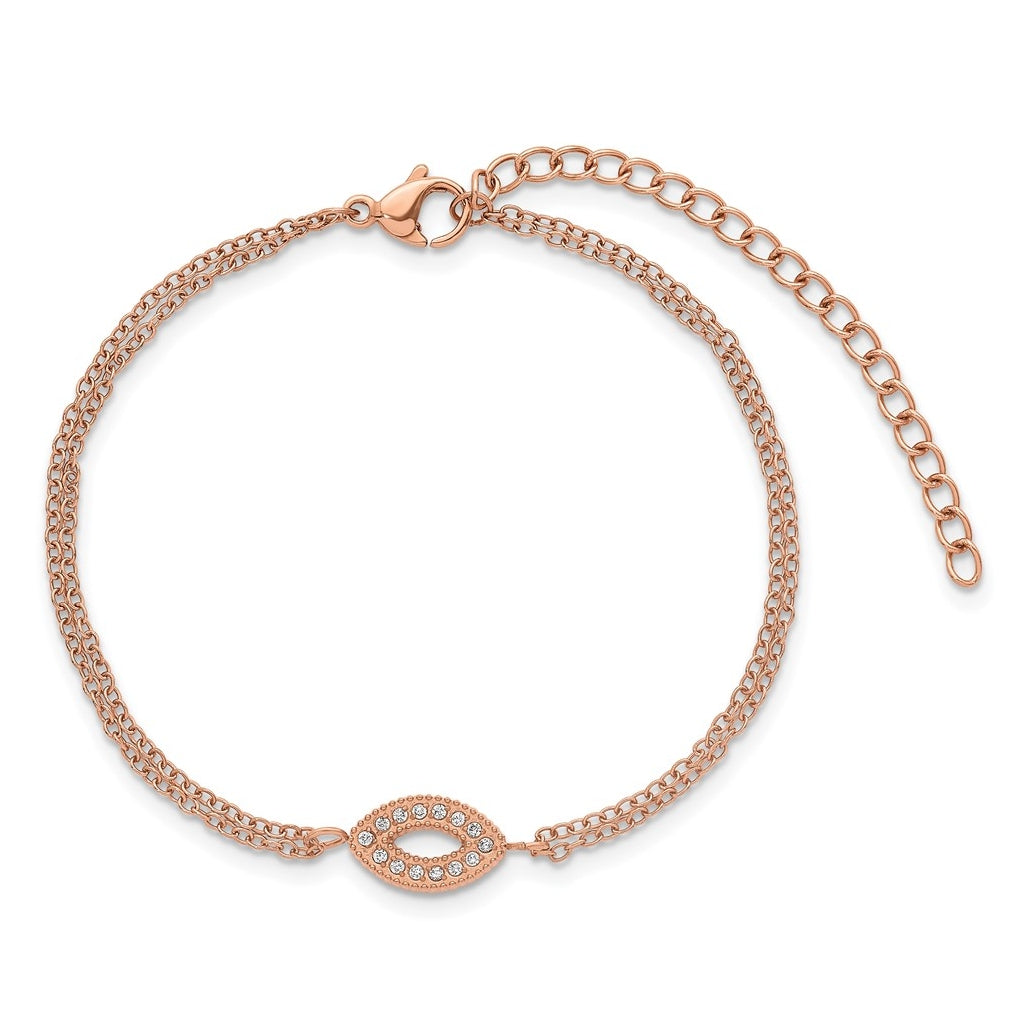 Stainless Steel Polished Rose IP Cubic Zirconia 6in with 2in ext. 2-Strand Bracelet – Elegant Jewelry Gift for Birthday, Anniversary, Engagement, Wedding