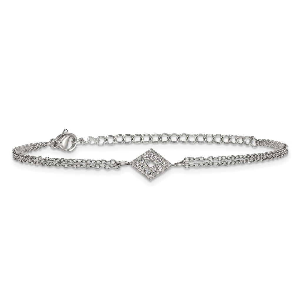 Stainless Steel Polished Diamond-shape Cubic Zirconia 6in with 2in ext. 2-Strand Bracelet – Elegant Jewelry Gift for Birthday, Anniversary, Engagement, Wedding