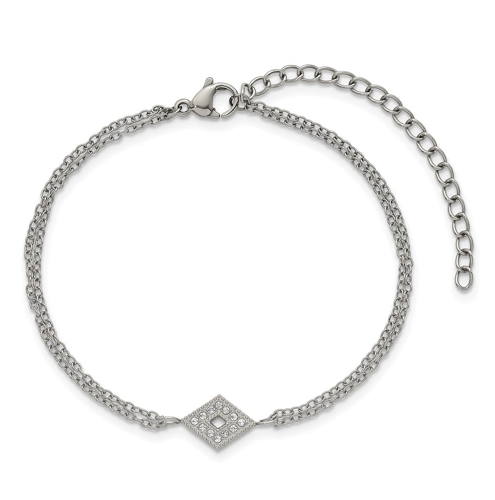 Stainless Steel Polished Diamond-shape Cubic Zirconia 6in with 2in ext. 2-Strand Bracelet – Elegant Jewelry Gift for Birthday, Anniversary, Engagement, Wedding