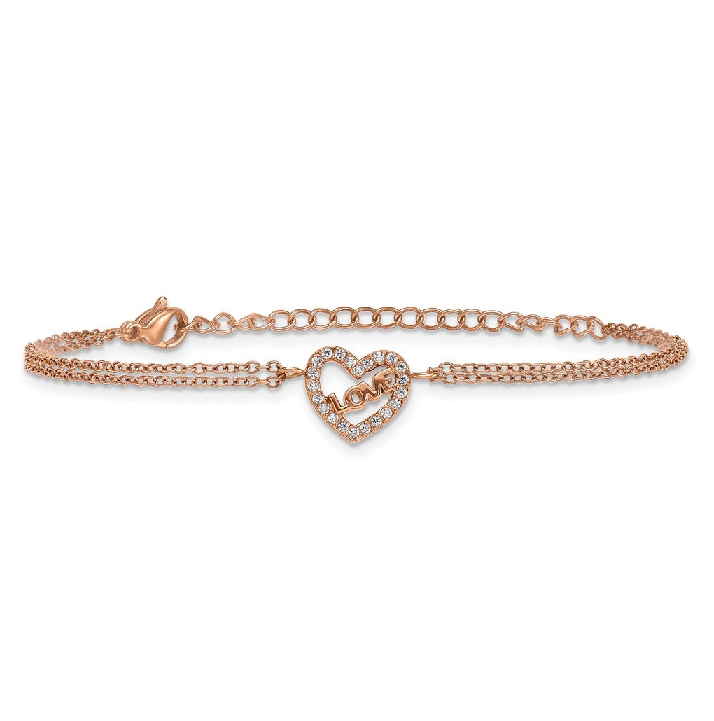 Stainless Steel Polished Rose IP Cubic Zirconia Heart with LOVE 6in with 2in ext. Bracelet – Elegant Jewelry Gift for Birthday, Anniversary, Engagement, Wedding