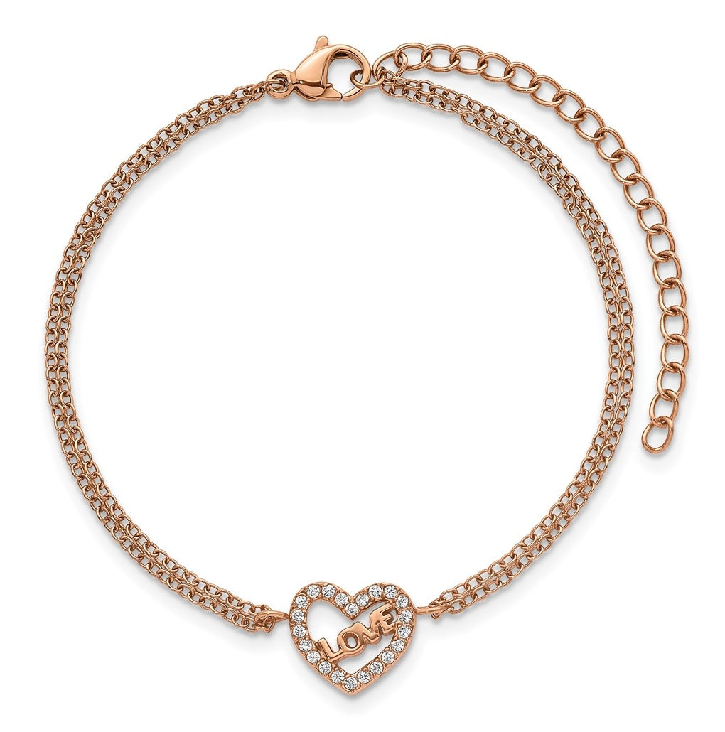 Stainless Steel Polished Rose IP Cubic Zirconia Heart with LOVE 6in with 2in ext. Bracelet – Elegant Jewelry Gift for Birthday, Anniversary, Engagement, Wedding