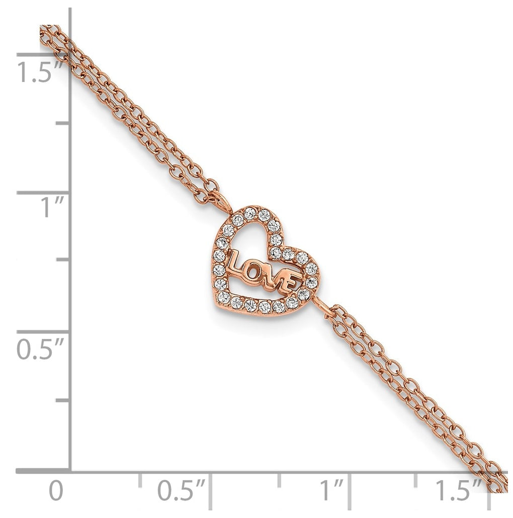 Stainless Steel Polished Rose IP Cubic Zirconia Heart with LOVE 6in with 2in ext. Bracelet – Elegant Jewelry Gift for Birthday, Anniversary, Engagement, Wedding