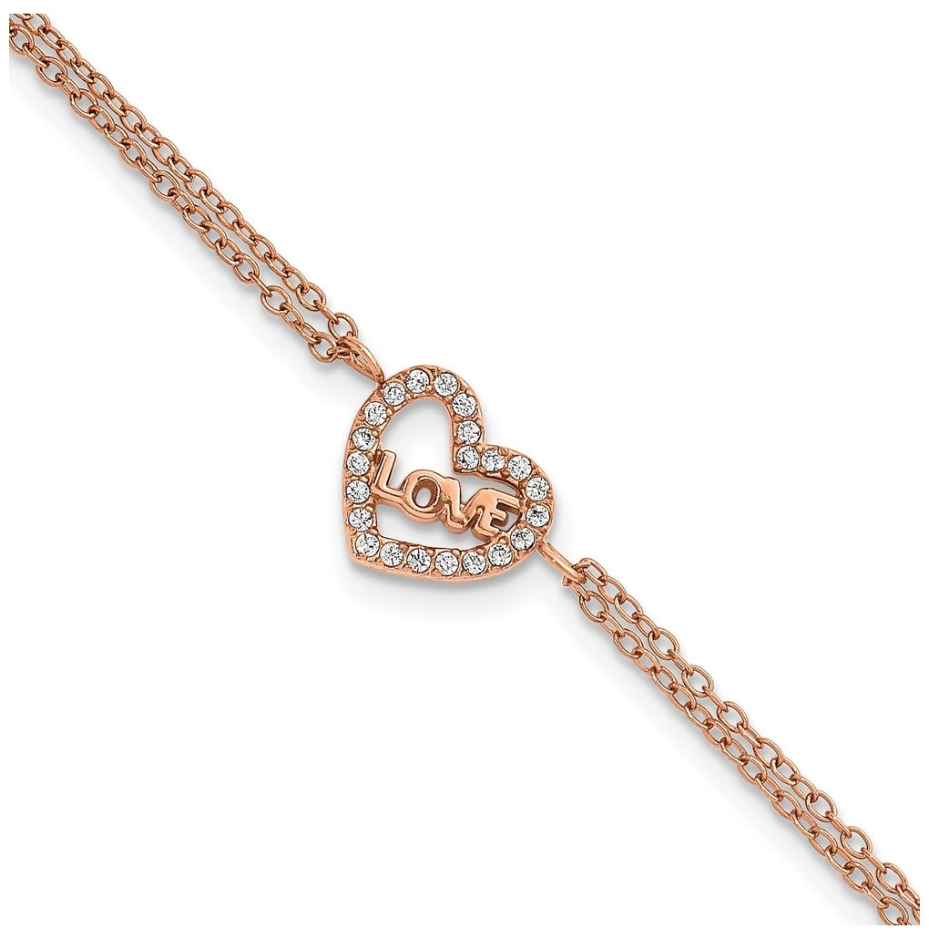 Stainless Steel Polished Rose IP Cubic Zirconia Heart with LOVE 6in with 2in ext. Bracelet – Elegant Jewelry Gift for Birthday, Anniversary, Engagement, Wedding
