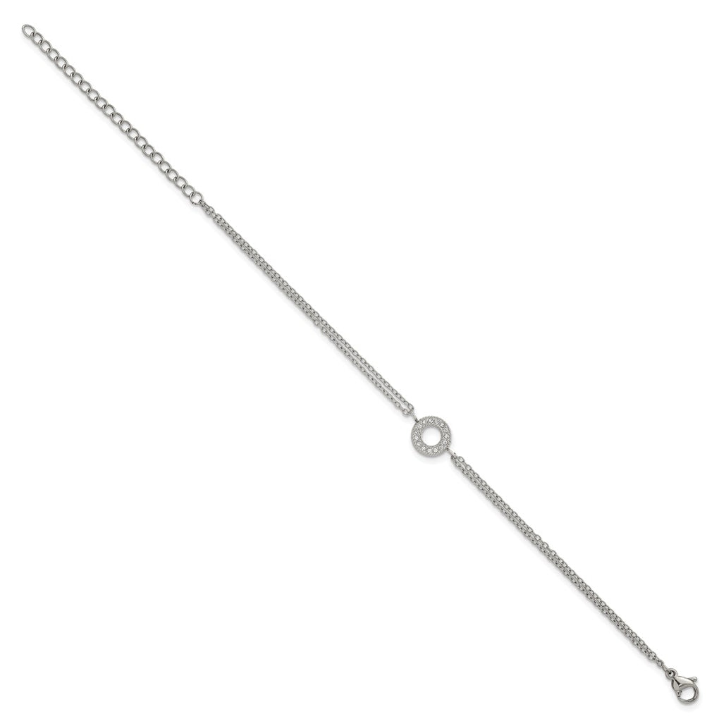 Stainless Steel Polished Cubic Zirconia Circle 6in with 2in ext. 2-Strand Bracelet – Elegant Jewelry Gift for Birthday, Anniversary, Engagement, Wedding