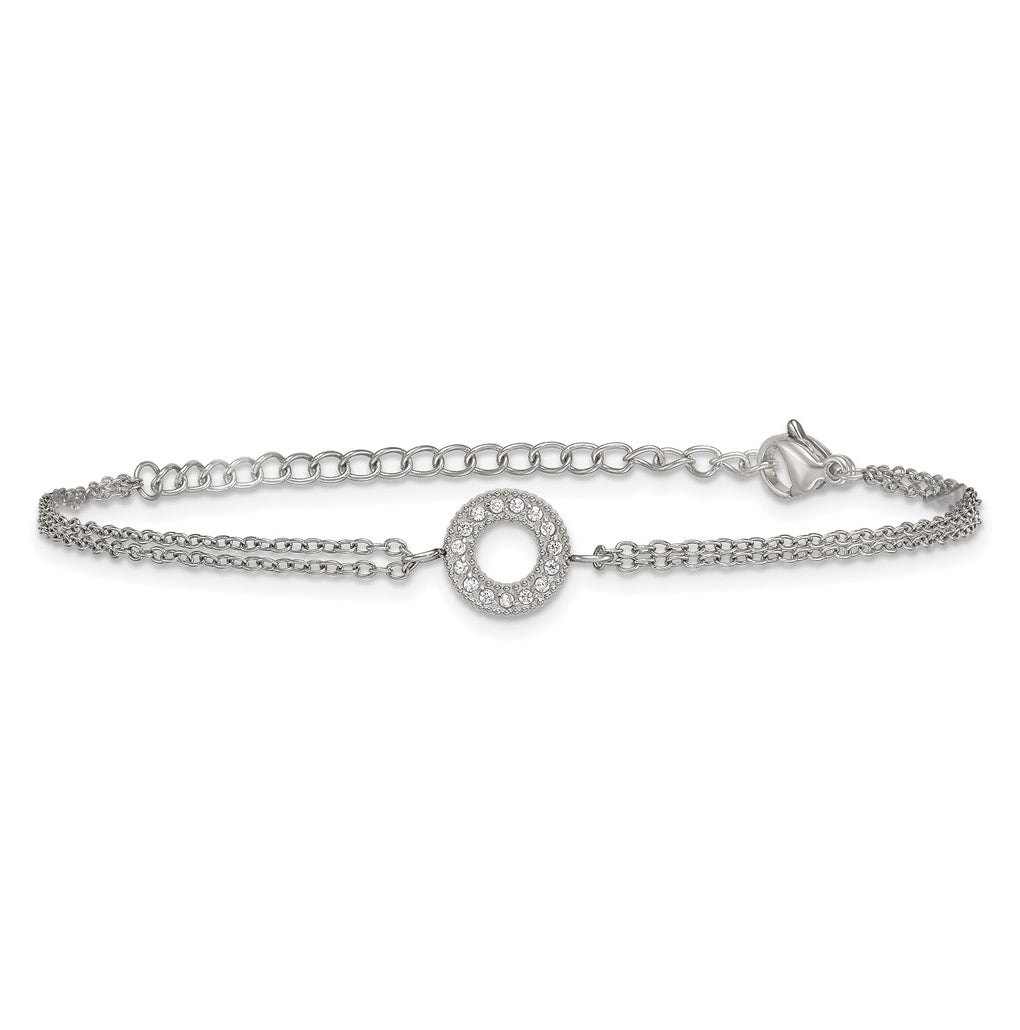 Stainless Steel Polished Cubic Zirconia Circle 6in with 2in ext. 2-Strand Bracelet – Elegant Jewelry Gift for Birthday, Anniversary, Engagement, Wedding