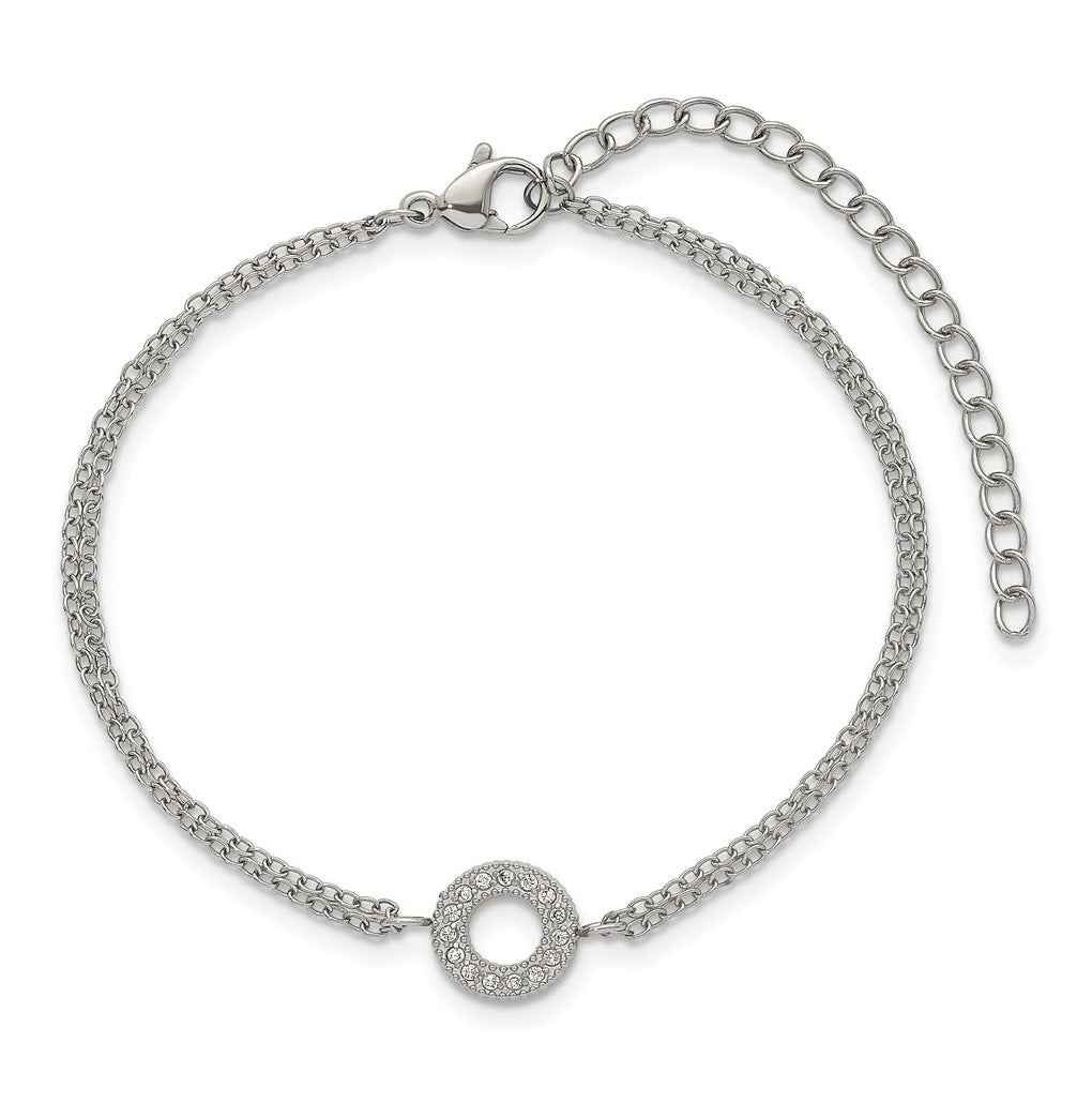 Stainless Steel Polished Cubic Zirconia Circle 6in with 2in ext. 2-Strand Bracelet – Elegant Jewelry Gift for Birthday, Anniversary, Engagement, Wedding