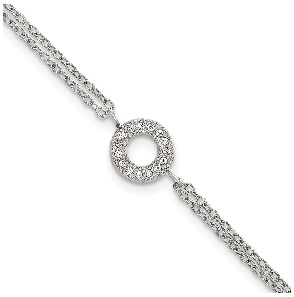 Stainless Steel Polished Cubic Zirconia Circle 6in with 2in ext. 2-Strand Bracelet – Elegant Jewelry Gift for Birthday, Anniversary, Engagement, Wedding