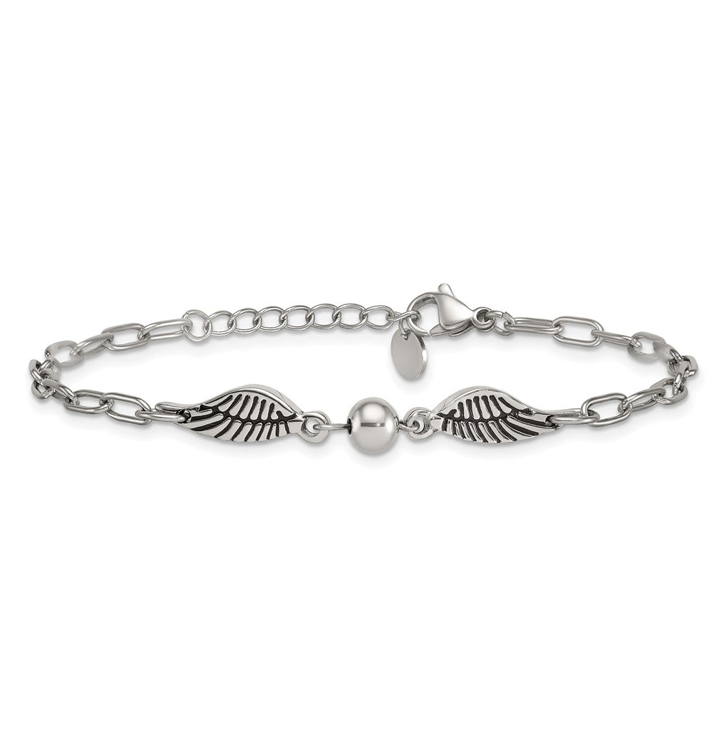 Stainless Steel Polished Enameled Wings with Ball 7.25in with 1in ext. Bracelet – Elegant Jewelry Gift for Birthday, Anniversary, Engagement, Wedding
