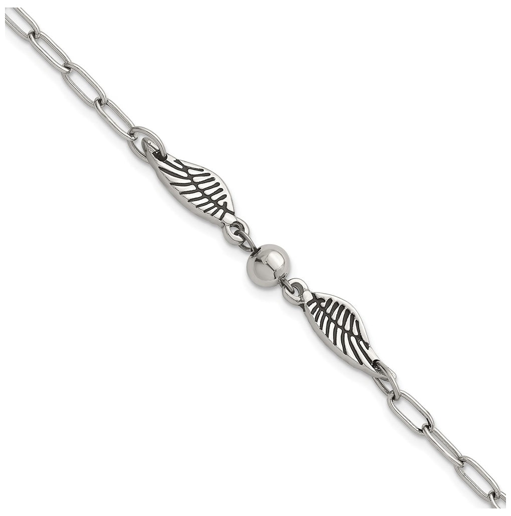 Stainless Steel Polished Enameled Wings with Ball 7.25in with 1in ext. Bracelet – Elegant Jewelry Gift for Birthday, Anniversary, Engagement, Wedding