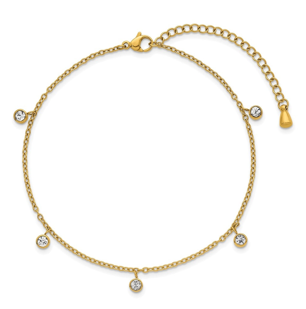 Stainless Steel Polished Yellow IP Crystal Dangle 8.25in with 2in ext. Anklet – Elegant Jewelry Gift for Birthday, Anniversary, Engagement, Wedding