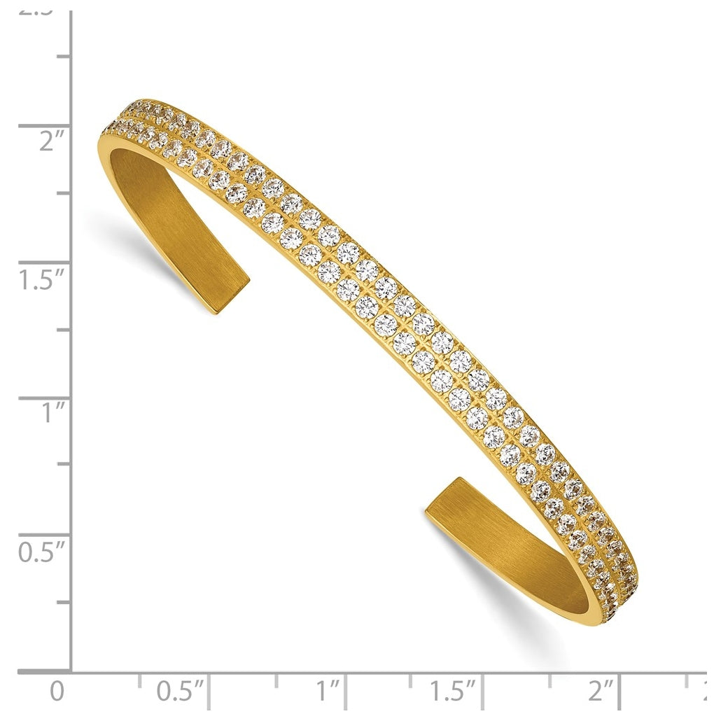Stainless Steel Polished Yellow IP-plated Double Row Cubic Zirconia 5mm Cuff Bangle – Elegant Jewelry Gift for Birthday, Anniversary, Engagement, Wedding