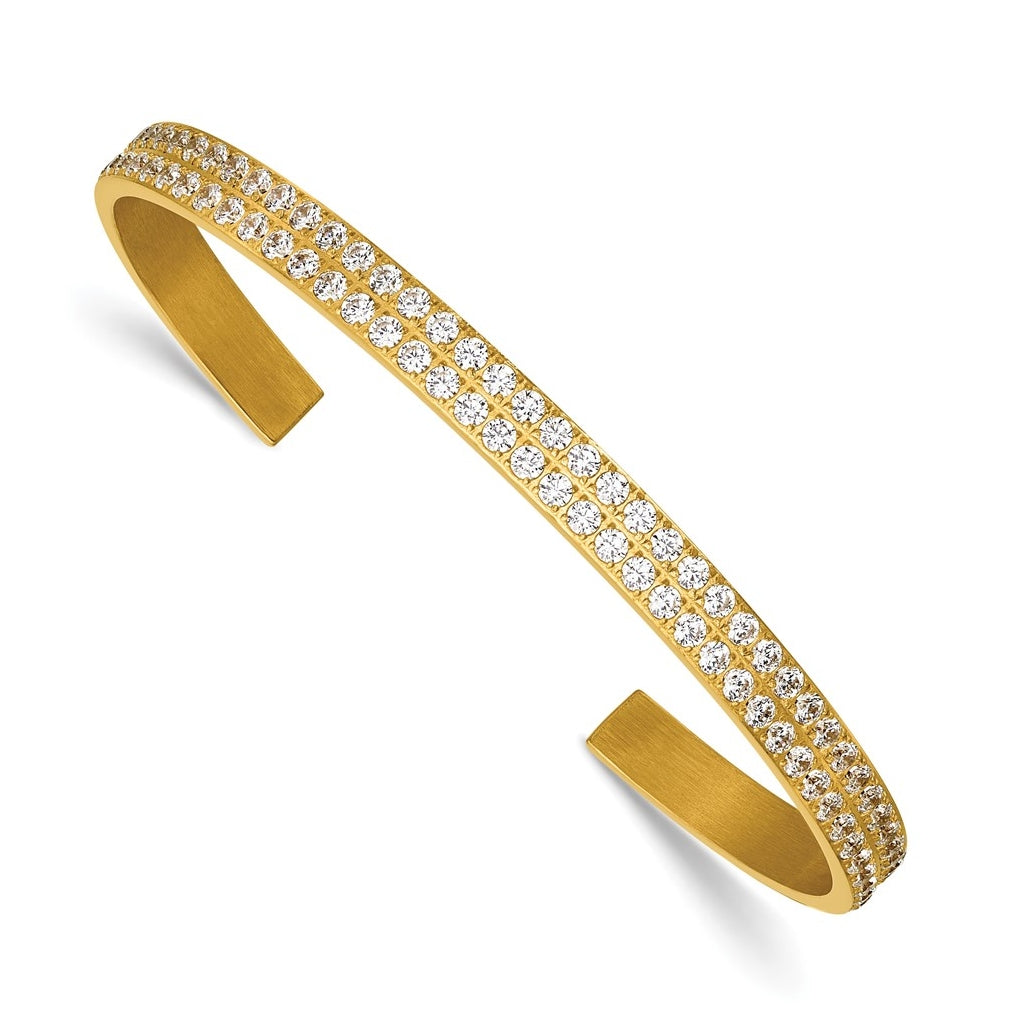 Stainless Steel Polished Yellow IP-plated Double Row Cubic Zirconia 5mm Cuff Bangle – Elegant Jewelry Gift for Birthday, Anniversary, Engagement, Wedding