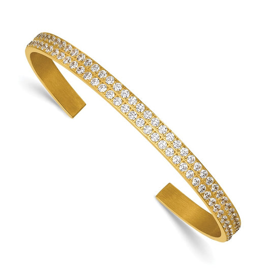 Stainless Steel Polished Yellow IP-plated Double Row Cubic Zirconia 5mm Cuff Bangle – Elegant Jewelry Gift for Birthday, Anniversary, Engagement, Wedding