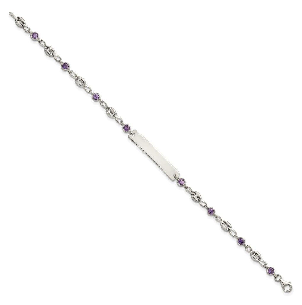 Stainless Steel with 925 Polished Purple Cubic Zirconia Anchor 7.5in ID Bracelet – Elegant Jewelry Gift for Birthday, Anniversary, Engagement, Wedding