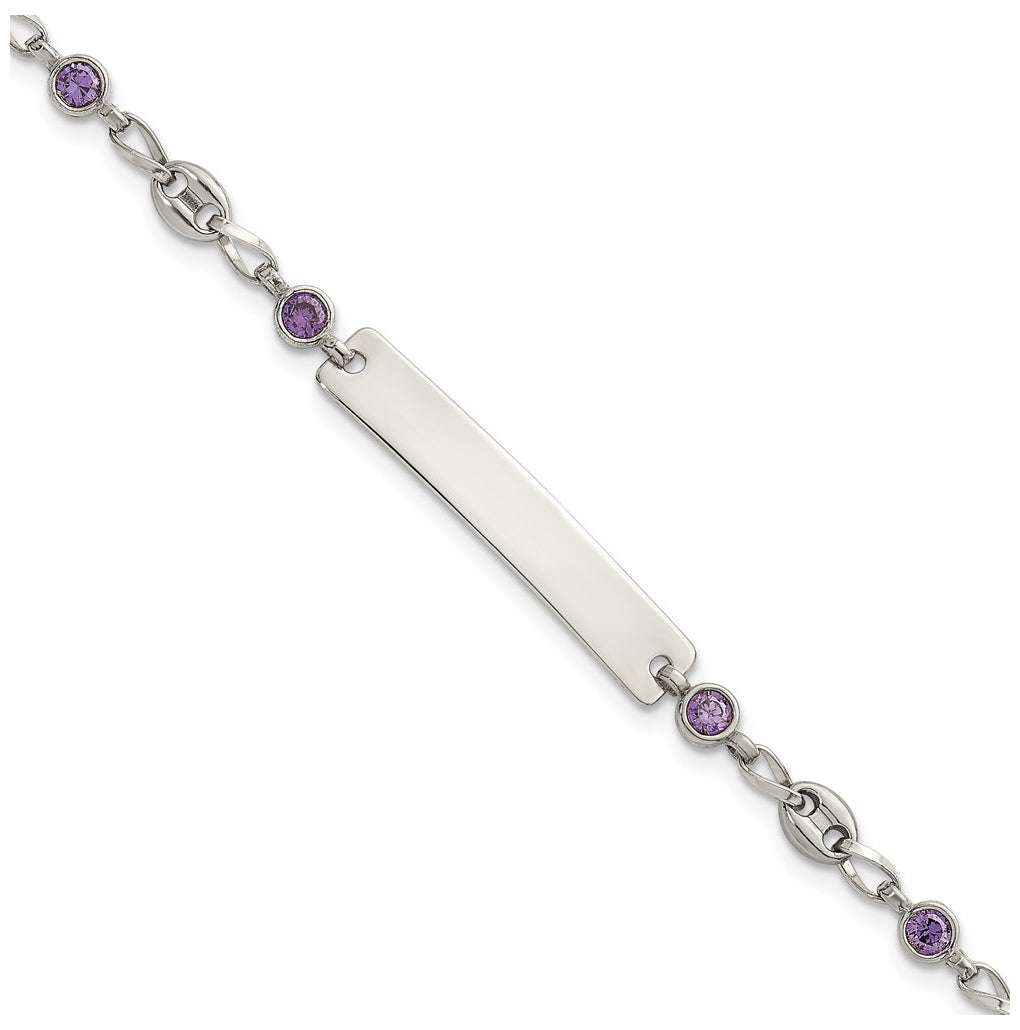 Stainless Steel with 925 Polished Purple Cubic Zirconia Anchor 7.5in ID Bracelet – Elegant Jewelry Gift for Birthday, Anniversary, Engagement, Wedding