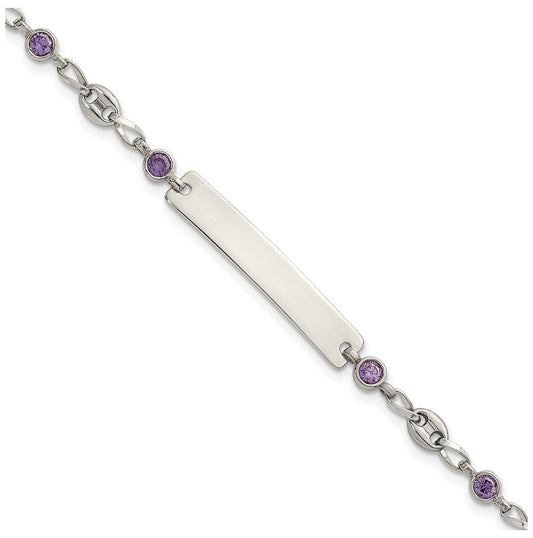Stainless Steel with 925 Polished Purple Cubic Zirconia Anchor 7.5in ID Bracelet – Elegant Jewelry Gift for Birthday, Anniversary, Engagement, Wedding