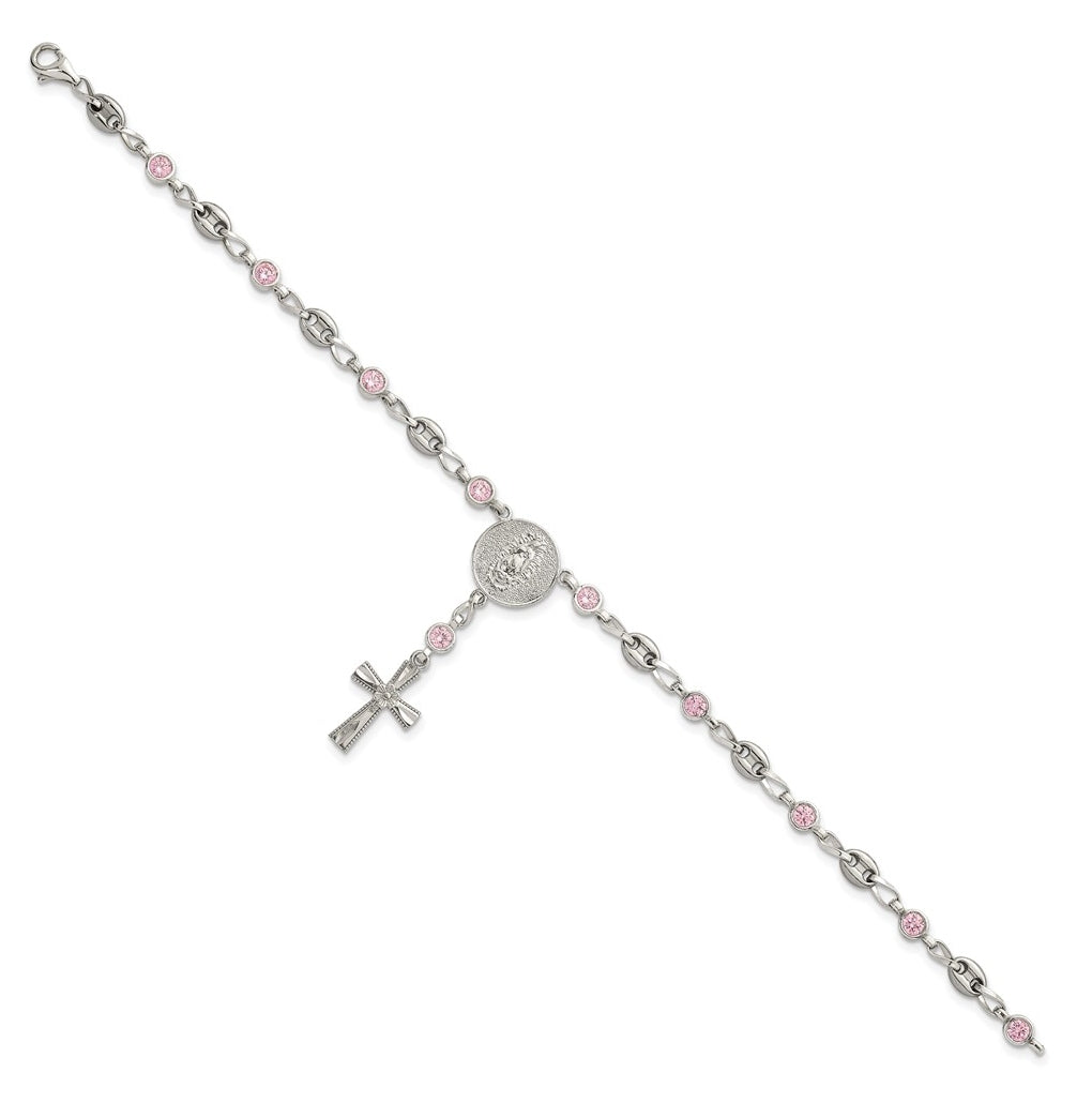 Stainless Steel with 925 Polished Pink Cubic Zirconia 7.5in Rosary Bracelet – Elegant Jewelry Gift for Birthday, Anniversary, Engagement, Wedding