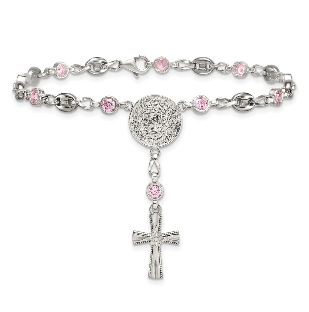Stainless Steel with 925 Polished Pink Cubic Zirconia 7.5in Rosary Bracelet – Elegant Jewelry Gift for Birthday, Anniversary, Engagement, Wedding