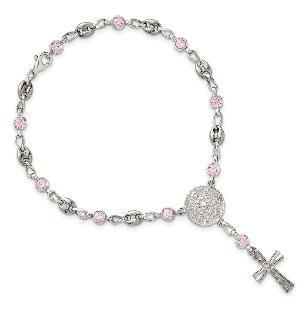 Stainless Steel with 925 Polished Pink Cubic Zirconia 7.5in Rosary Bracelet – Elegant Jewelry Gift for Birthday, Anniversary, Engagement, Wedding