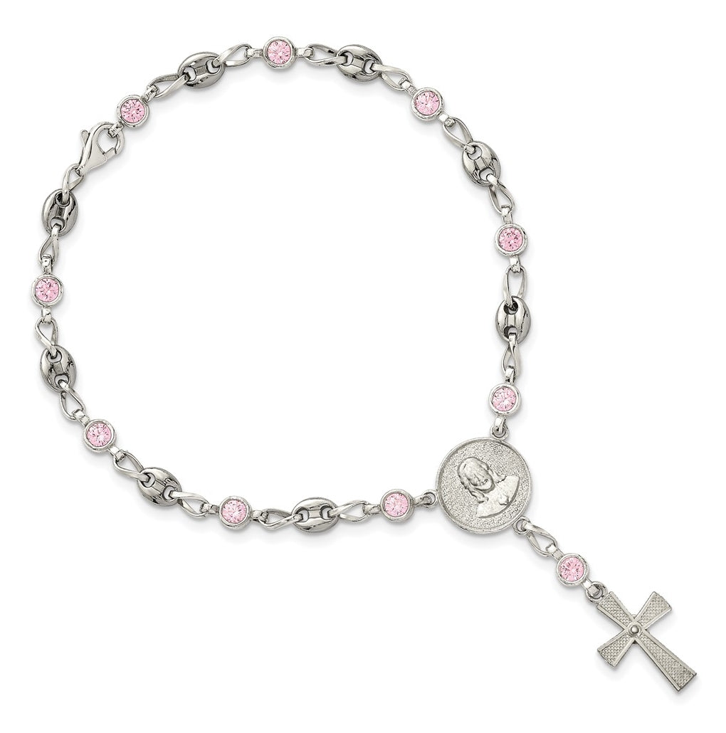 Stainless Steel with 925 Polished Pink Cubic Zirconia 7.5in Rosary Bracelet – Elegant Jewelry Gift for Birthday, Anniversary, Engagement, Wedding