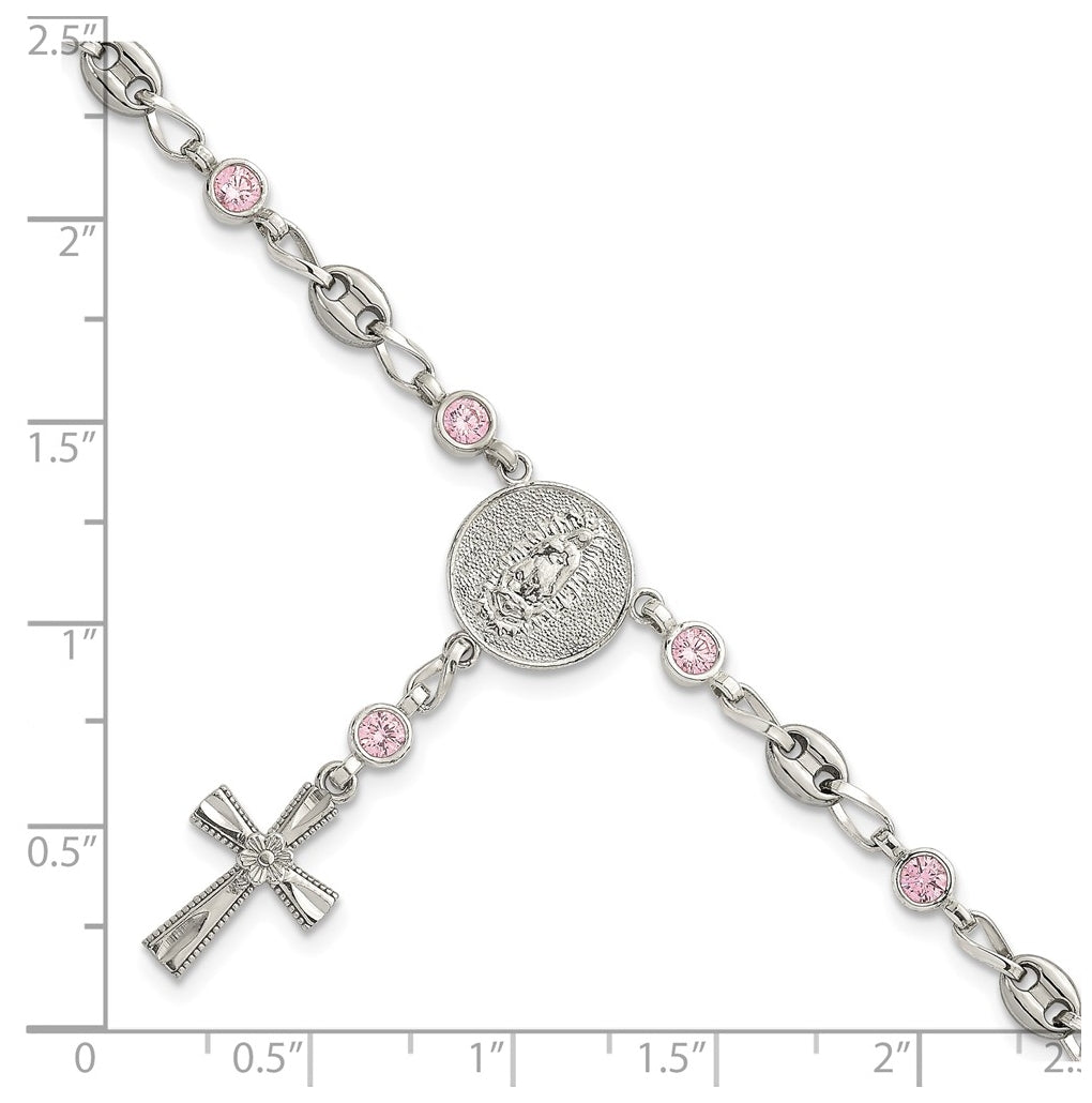 Stainless Steel with 925 Polished Pink Cubic Zirconia 7.5in Rosary Bracelet – Elegant Jewelry Gift for Birthday, Anniversary, Engagement, Wedding