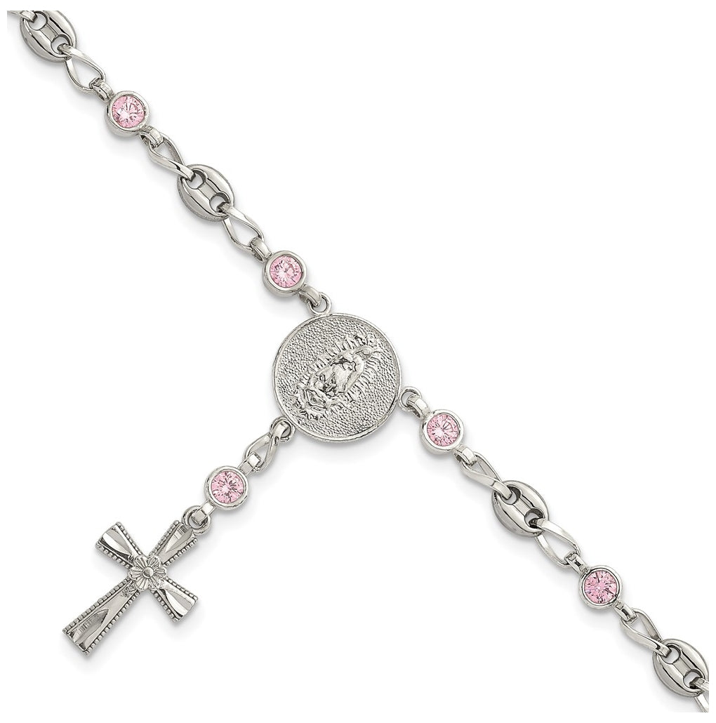 Stainless Steel with 925 Polished Pink Cubic Zirconia 7.5in Rosary Bracelet – Elegant Jewelry Gift for Birthday, Anniversary, Engagement, Wedding
