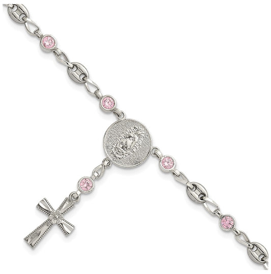 Stainless Steel with 925 Polished Pink Cubic Zirconia 7.5in Rosary Bracelet – Elegant Jewelry Gift for Birthday, Anniversary, Engagement, Wedding