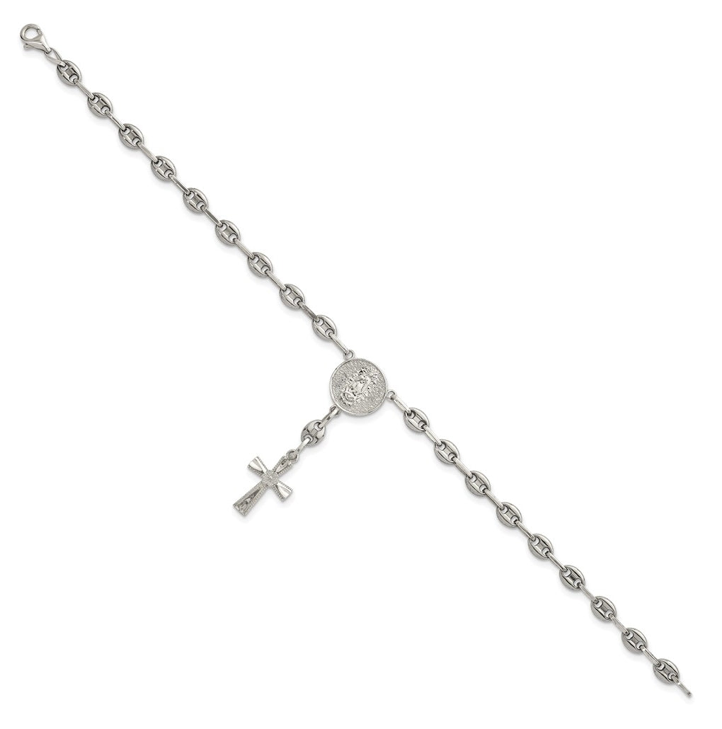 Stainless Steel with 925 Polished Jesus and Mary Cross 7.75in Bracelet – Elegant Jewelry Gift for Birthday, Anniversary, Engagement, Wedding